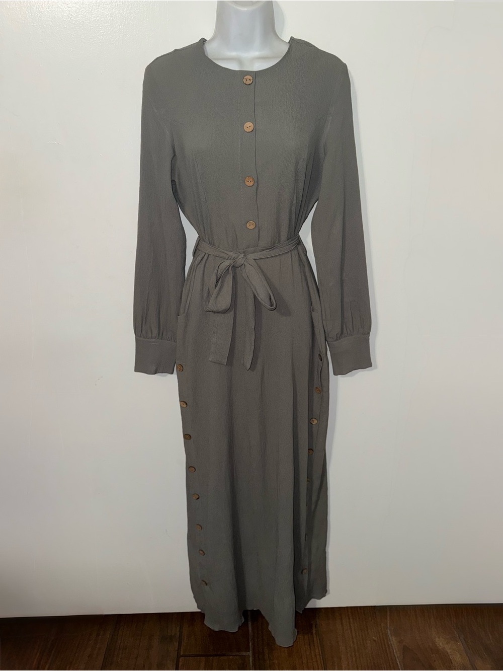 Long Sleeve Button-Front Maxi Dress in Olive Green